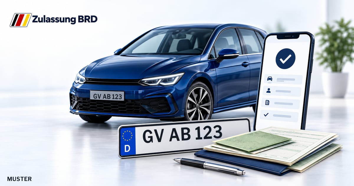 Online Fahrzeugzulassung in Rhein-Kreis Neuss: Musterkennzeichen GV AB 123, Auto und Fahrzeugpapiere und Smartphone. Illustration mit Logo von Zulassung BRD.